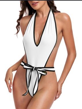 (9) NWT White Halter One-Piece Swimsuit with Black Trim